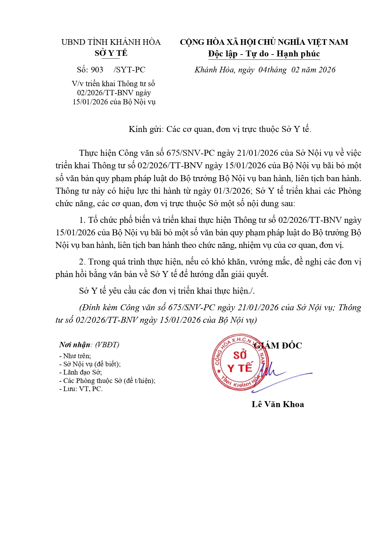 V/v triển khai Thông tư số 02/2026/TT-BNV ngày 15/01/2026 của Bộ Nội vụ